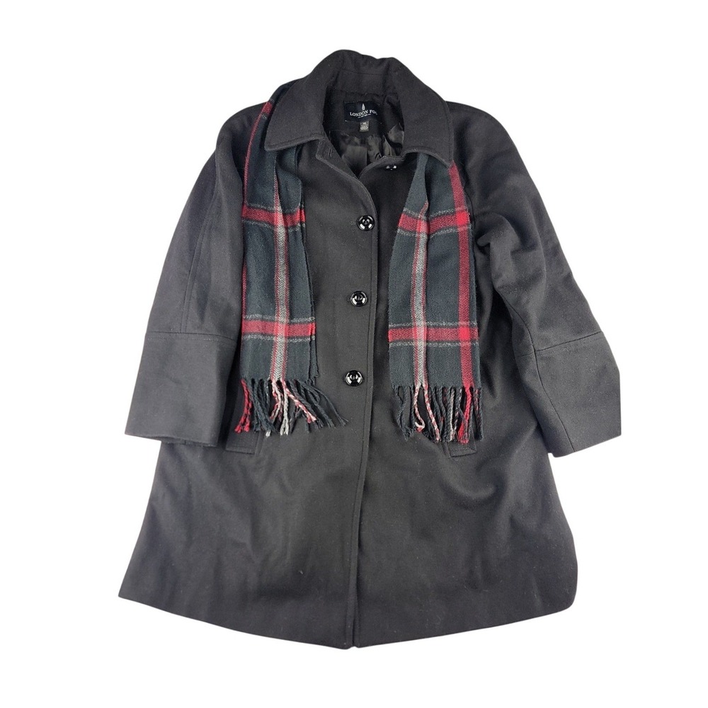 London Fog Women's Black Wool Blend Coat with Plaid Scarf XL